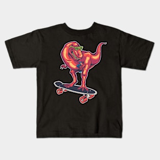 Skateboarder Dinosaur Red Funny Skater Skate Kids T-Shirt